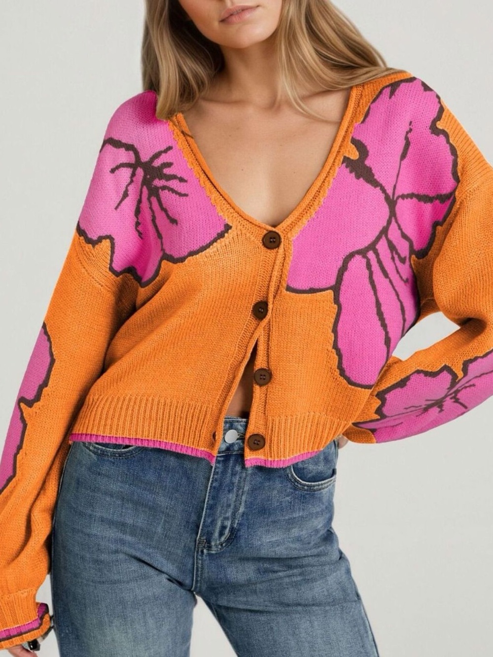 ♥️Hello Gorgeous! Women's Floral V-Neck Button Cardigan Sweater - Orange & Pink